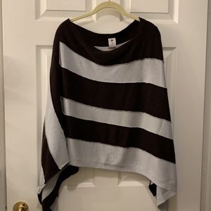 JULES ALLEN 100% CASHMERE PONCHO OSZ CHOCOLATE BROWN/GRAY ASYMMETRICAL STRIPE